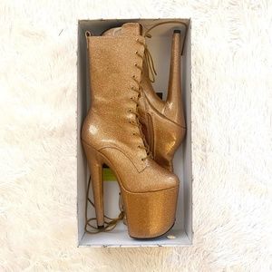 Hella Heels Glitterati Boots 8" Size 7 Gold/Tan